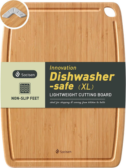 Lightweight Durable Bamboo Cutting Board Set with Non-Slip Feet, Wood Cutting Board for Busy Kitchen, Easy Clean Wooden Chopping Boards with Juice Groove Best House Warming Gift Set of 3 (S+M+L)