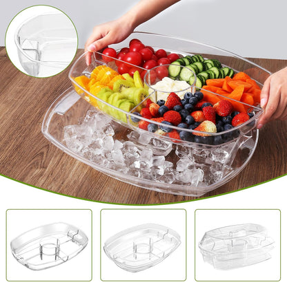 IVYHOME 3-Tier Chilled Serving Tray with Lid, 15" Fruit Ice Serving Platter with 4 Compartments, Shrimp Cocktail Serving Dish, Divided Serving Bowl for Parties