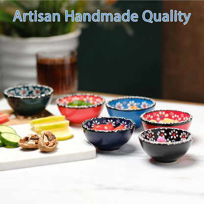 Ceramic Small Dipping Bowls Set of 6, 3.5 Oz Soy Sauce Dish, Handmade Charcuterie, Colorful Pinch, Dishwasher & Microwave Safe, 3.2'' Mini (SULTAN'S GARDEN)