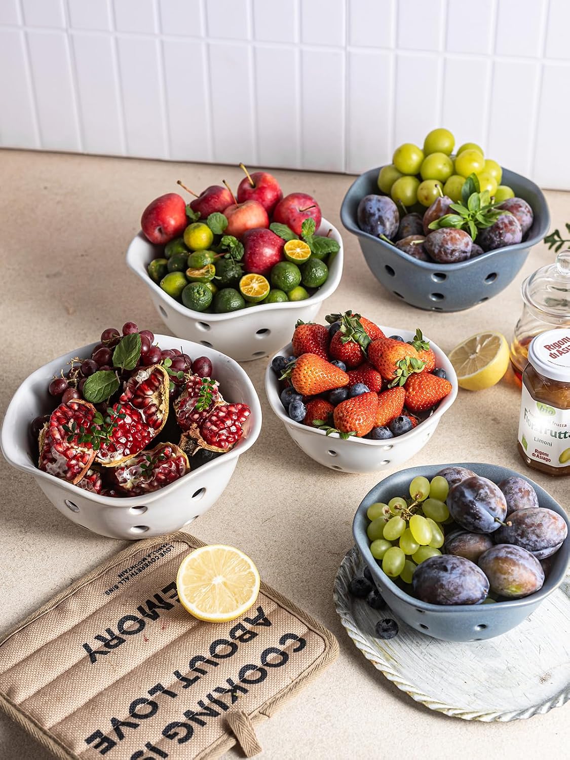 Gomakren Berry Bowls with Holes Ceramic, Berry Washing Bowl Basket Set of 2, 5.8 Inch Round Fruit Bowl Storage Containers, Strawberry Baskets, Farmhouse Kitchen Decor, Yellow + Brown