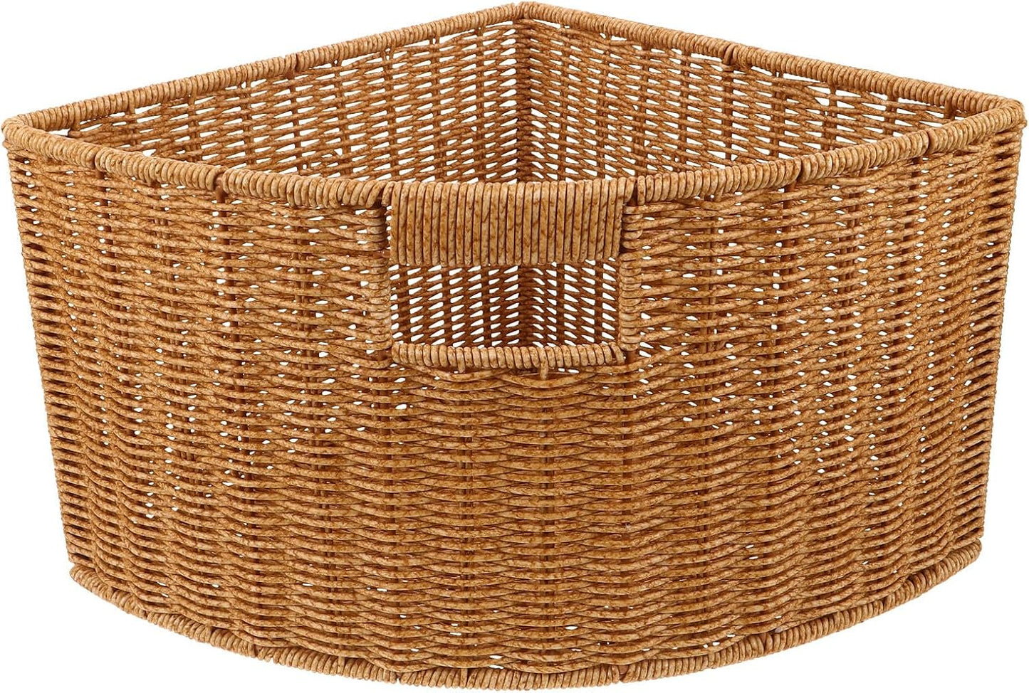 Woven Triangle Corner Storage Basket: Plastic Rattan Triangle Laundry Basket Organizer Bin with Handles for Shelf, Space Saving Triangular Container for Bathroom Bedroom Countertop and Kitchen Cabinet
