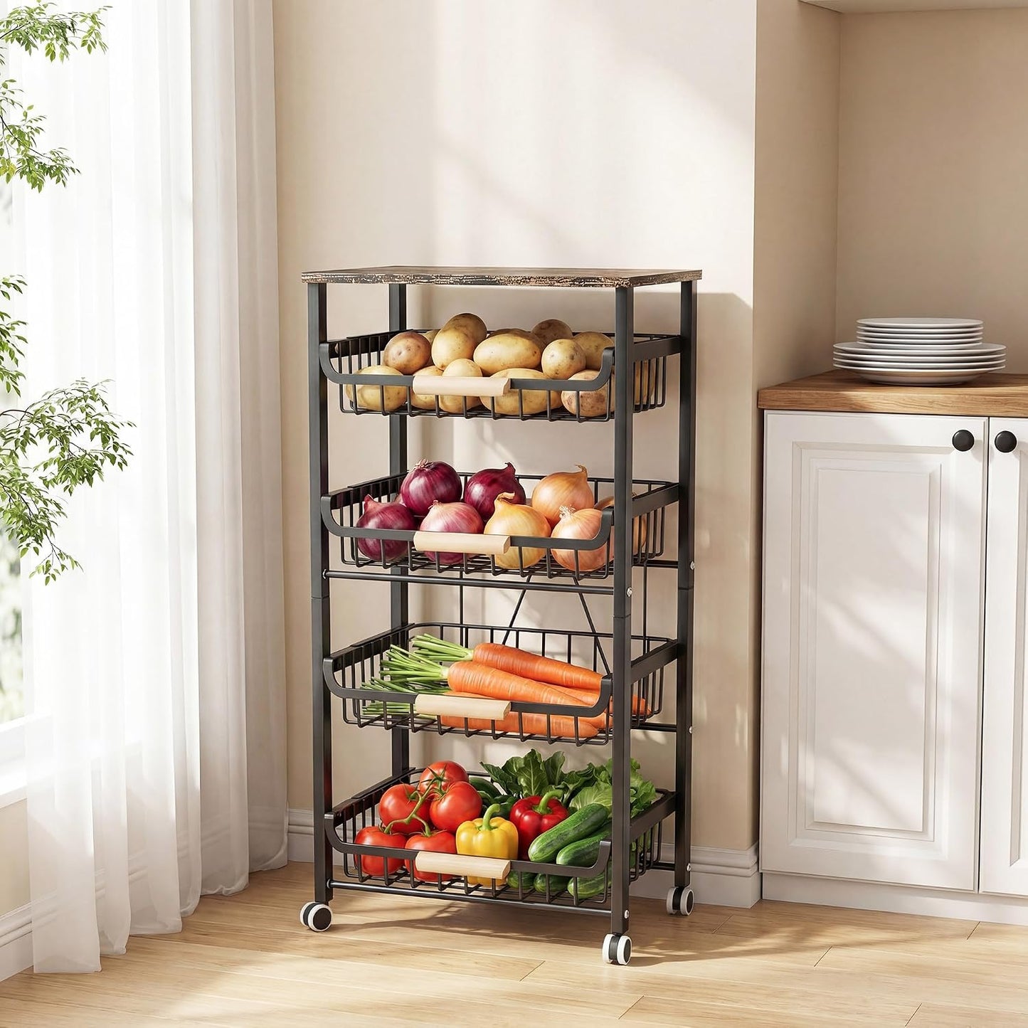 JAQ Slide Out Fruit Vegetable Basket for Kitchen, 4-Tier Rolling Storage Cart with Wooden Handle & Top, Metal Wire Produce Rack for Pantry Organization, Onion Potato Storage Bins for Small Space,White