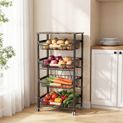 JAQ Slide Out Fruit Vegetable Basket for Kitchen, 4-Tier Rolling Storage Cart with Wooden Handle & Top, Metal Wire Produce Rack for Pantry Organization, Onion Potato Storage Bins for Small Space,White