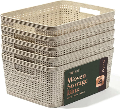 BINO Woven Plastic Basket | Large (Natural), 3-Pack | THE JUTE COLLECTION | Home Organization, Space-Saving Storage, Stylish Design | Plastic Storage Basket
