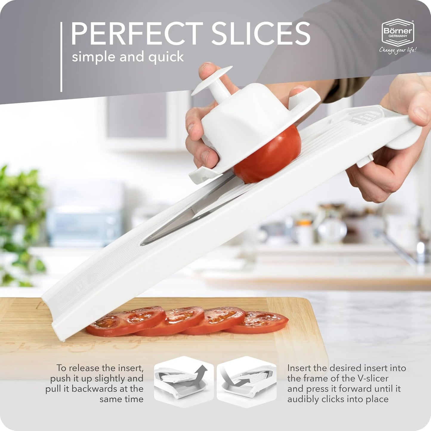 Mandoline Food Slicer Börner V1 (Starter Set) by Reston Lloyd • V-Slicer with 3 Blade Inserts & Food Holder • Made in Germany • Fruit & Vegetable Chopper • Multiple Settings • Color: Red