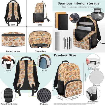 Cute Capybara Pizza Backpack for Girls, 5 Pcs Boys School Bag Set for Kids, 17 Inch Backpacks Lunch Pencil Box Reusable Utensils Case Set for Middle Elementary School, 3rd Grade Backpack