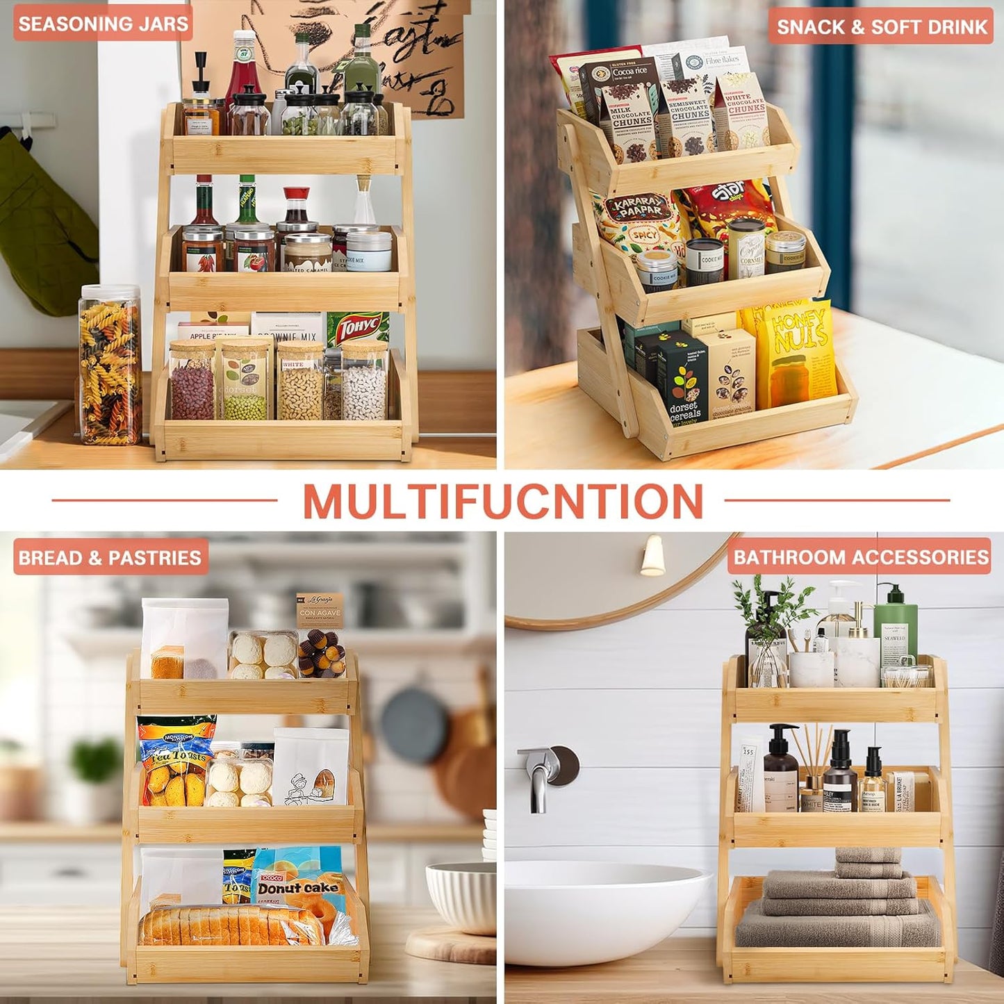 G.a HOMEFAVOR Large Bamboo Fruit Basket, 2-Tier Fruit Bowl for Kitchen Counter, Vegetable Storage Stand for Fruit Shop, 15 mm Thickness (Self-assembly)
