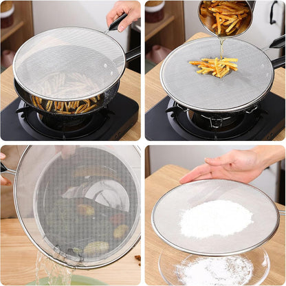 Splatter Screen for Frying Pan 13" 11.5" 9.8" Stainless Steel Fine Mesh Grease Splatter Guard with Comfort Silicone Handles and Resting Feet for Prevent Oil Splatter Safe Cooking
