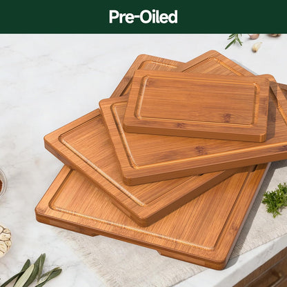 3-Piece Set Bamboo Cutting Board for Kitchen - Crack-Resistant Wood Chopping Boards with Deep Juice Grooves, Pre-Oiled Butcher Block for Meat, Vegetables & Cheese, Carbonized