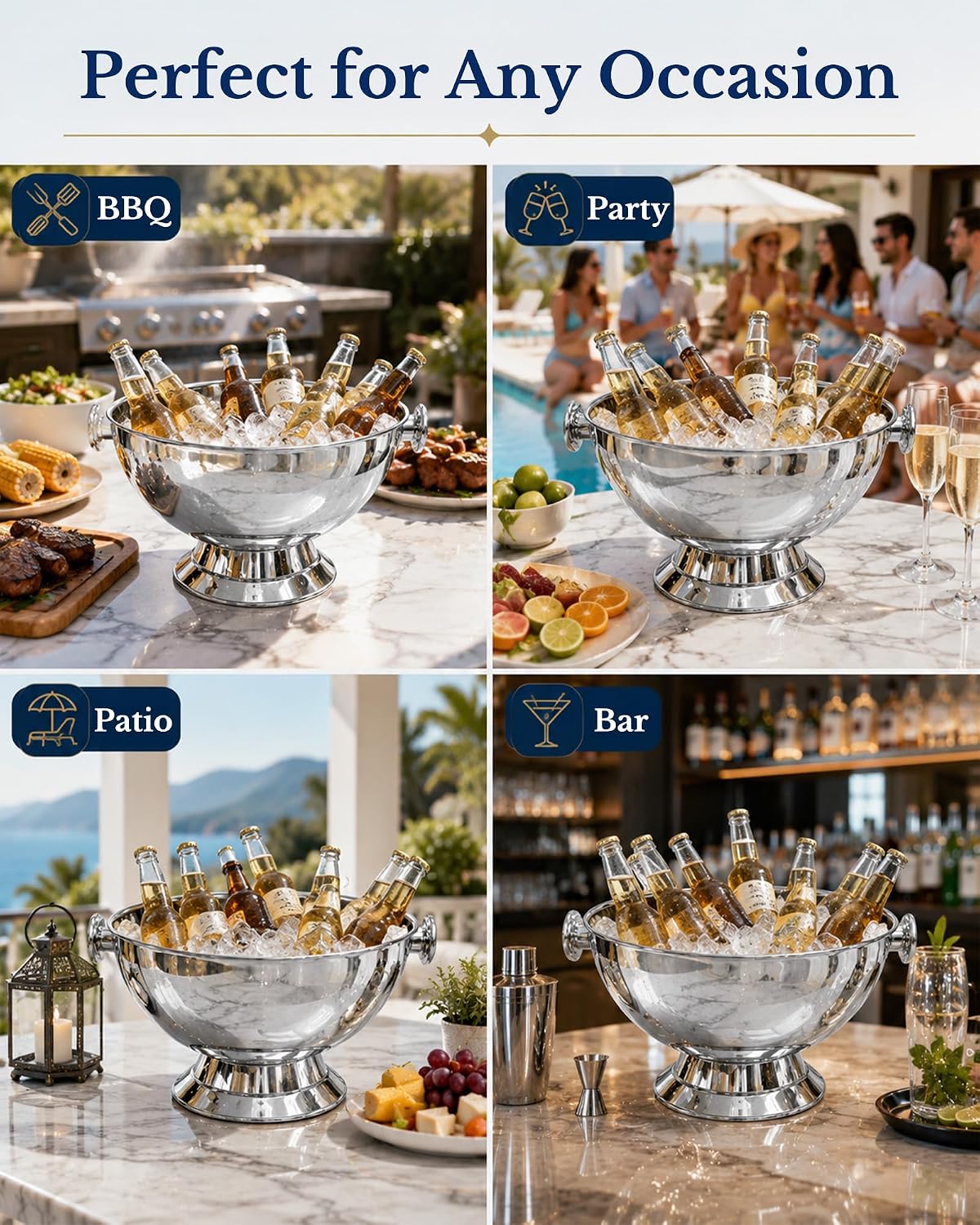 Extra Large Stainless Steel Ice Bucket for Parties, Heavy Duty Beverage Tub with Handles, Leakproof Welded Base, Polished Finish Beer & Wine Cooler, Includes Ice Scoop & Bottle Opener