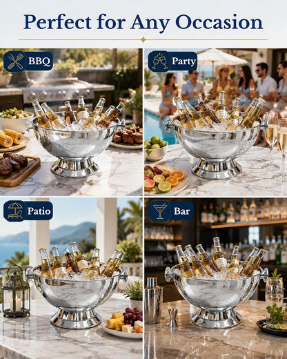 Extra Large Stainless Steel Ice Bucket for Parties, Heavy Duty Beverage Tub with Handles, Leakproof Welded Base, Polished Finish Beer & Wine Cooler, Includes Ice Scoop & Bottle Opener