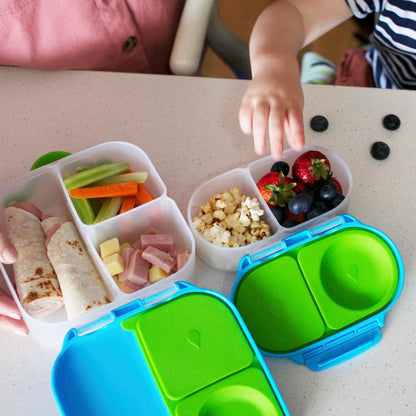 b.box Snack Box 2-Pack - Leak Proof Mini Bento Box for Kids & Toddlers, 2 Compartment Snack Containers for Kids, Dishwasher Safe, BPA-Free, PFAS-Free, Ages 4mo+, 1 3/4 Cup Each (Strawberry + Lilac)