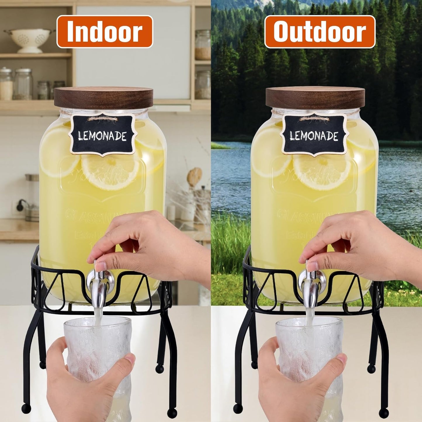 mustry Glass Drink Dispenser for Parties, 1 Gallon Beverage Dispenser with Stand and Spigot Solid Stainless Steel, Used as Lemonade Dispenser Sun Tea Jar Kombucha Jar, Set of 2