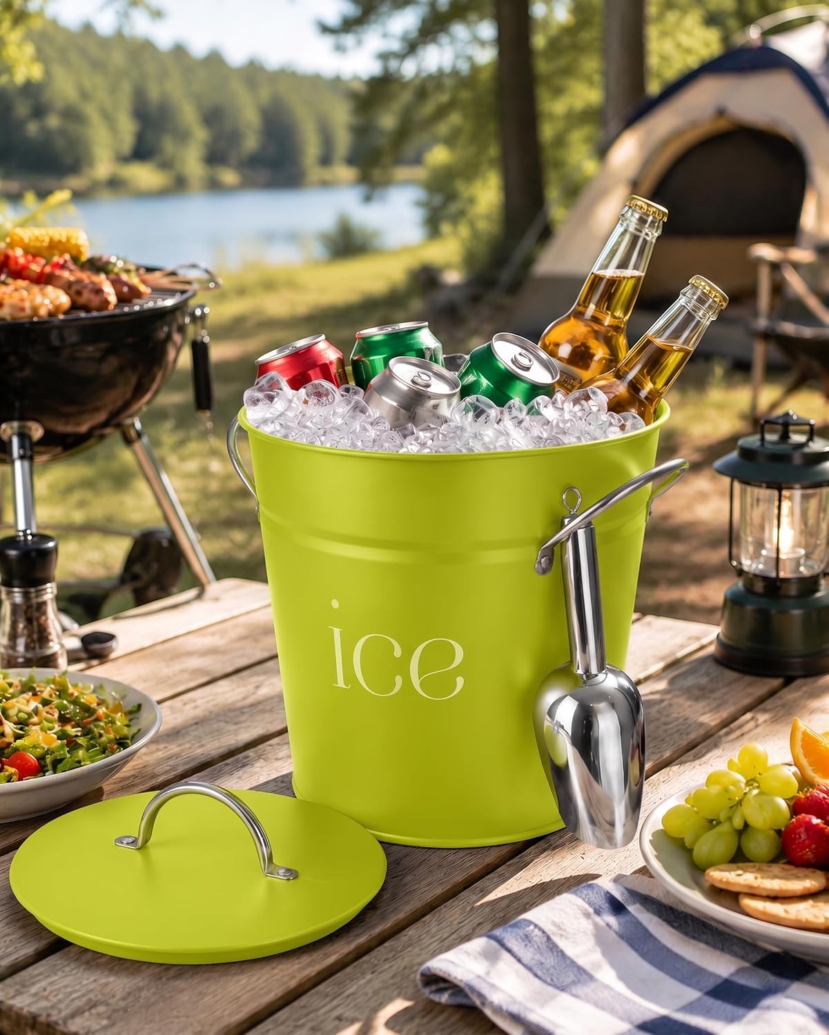 3Qt Black Galvanized Ice Bucket with Lid, Scoop & Handles - Ideal for Cocktails, Parties, BBQs, Wine & Champagne. Double-Layer Insulated Outer & Galvanized Inner Layer, Perfect for Home & Outdoor Use