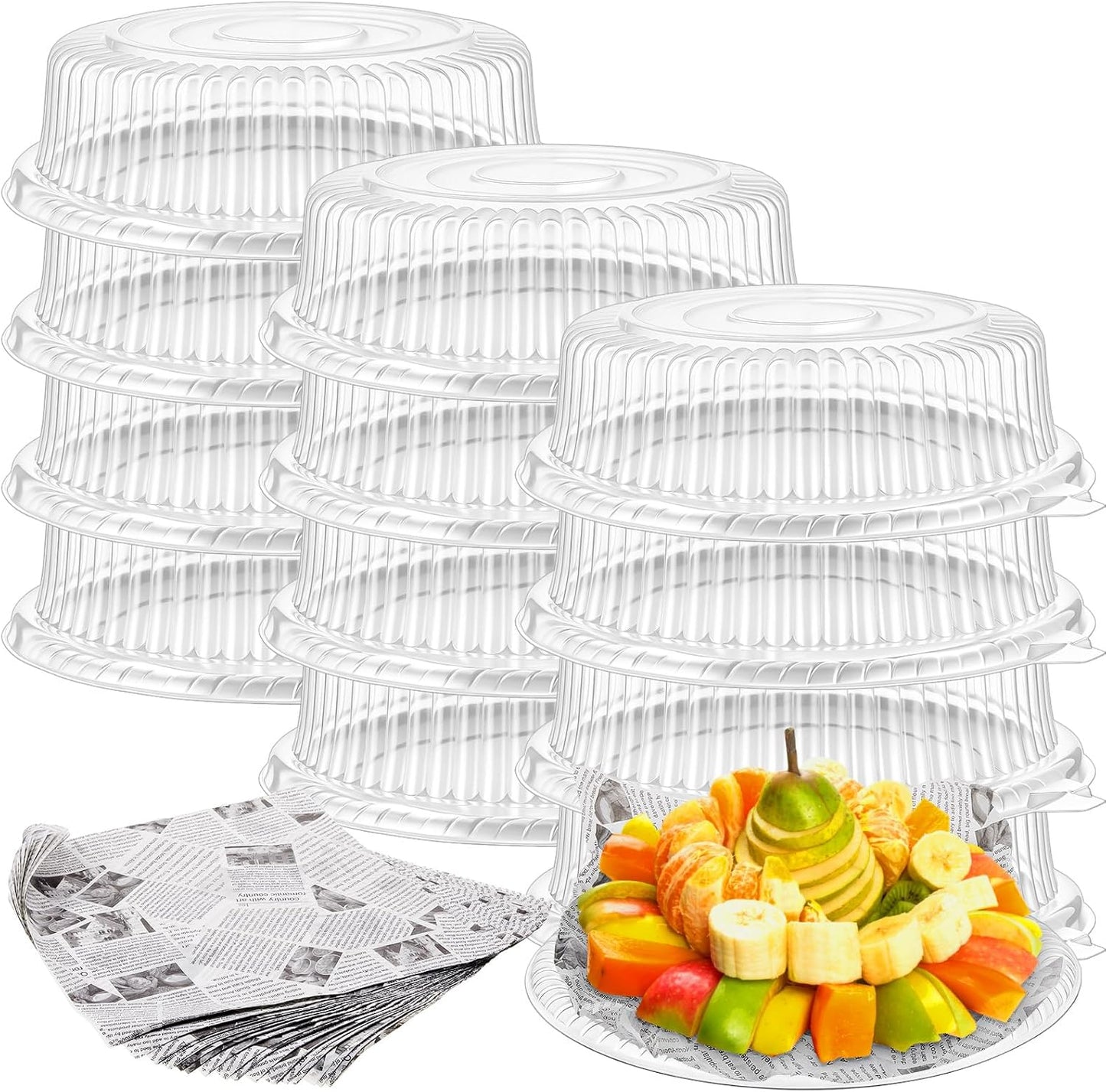 Tessco for you 12 Pack Heavy Duty Repeatedly Plastic Serving Tray with Lid and 24 Pcs Deli Wax Paper Sheets Sets Large Party Platters with Clear Lids Stackable Round Food Serving Trays (Black,16inch)