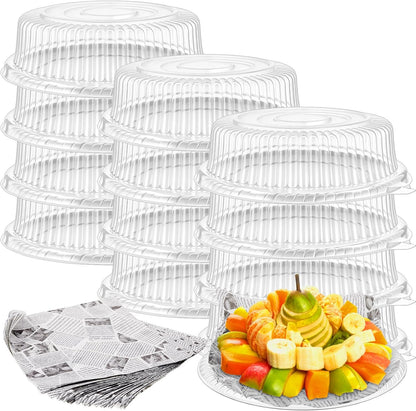 Tessco for you 12 Pack Heavy Duty Repeatedly Plastic Serving Tray with Lid and 24 Pcs Deli Wax Paper Sheets Sets Large Party Platters with Clear Lids Stackable Round Food Serving Trays (Black,16inch)