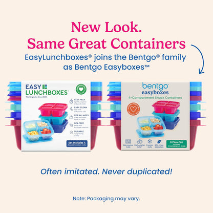 Bentgo Easyboxes 4-Compartment Snack Containers - 8-Piece Set with 4 Trays & 4 Custom-Fit Lids to Seal in Freshness - Reusable Food Storage & Meal Prep Bento BPA-Free Containers (Classic)