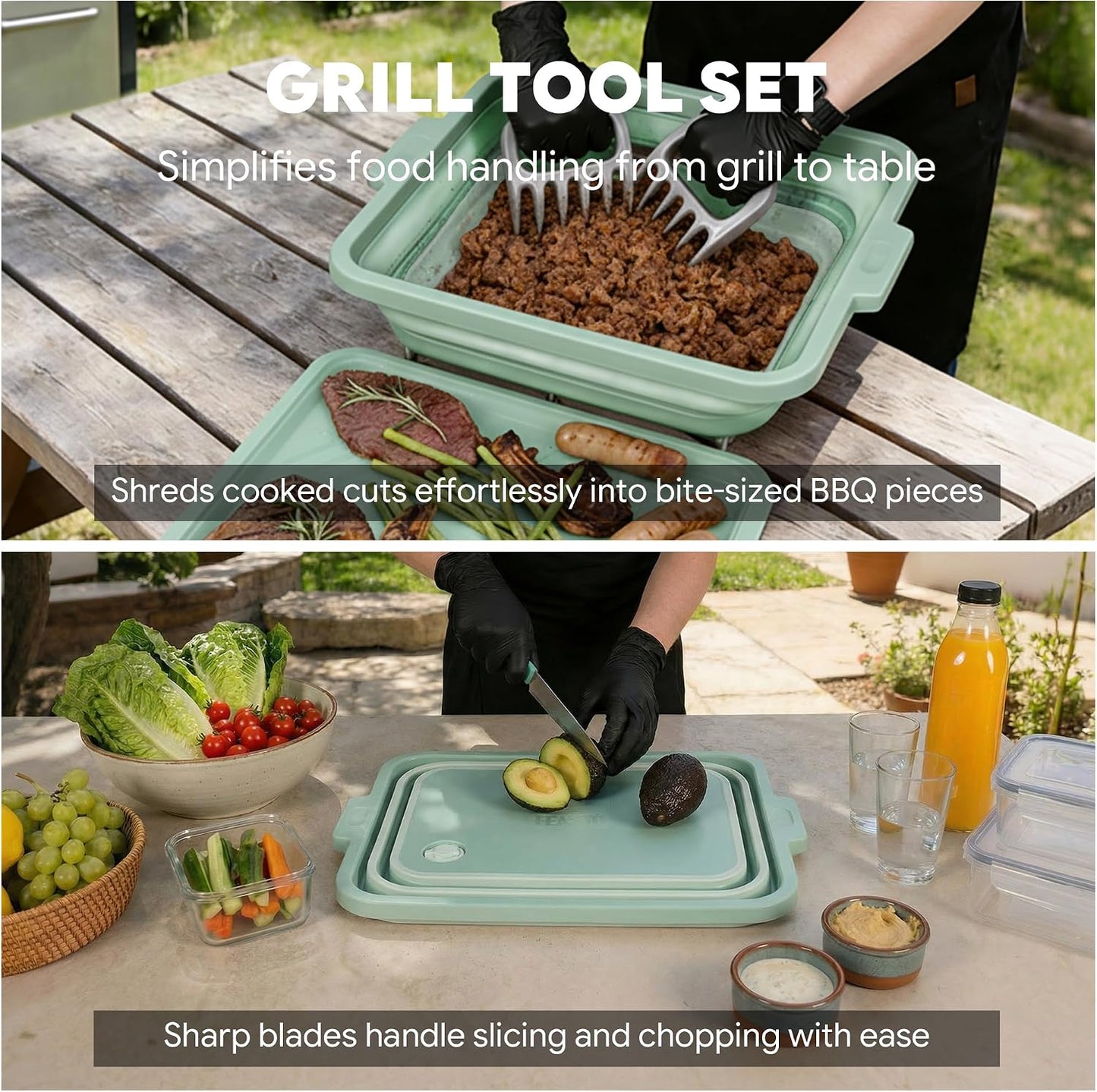 Feasto Collapsible BBQ Prep Tubs with Cutting Board, 9-IN-1, 2 Tubs Portable Grill Prep Station with Side Brackets, Lids, Knives, Meat Claws and Drain Rack, Space-Saving for Kitchen & Camping, Black