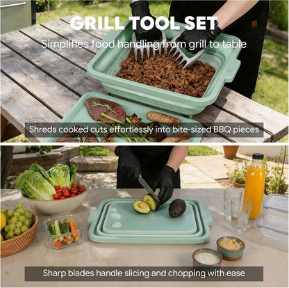 Feasto Collapsible BBQ Prep Tubs with Cutting Board, 9-IN-1, 2 Tubs Portable Grill Prep Station with Side Brackets, Lids, Knives, Meat Claws and Drain Rack, Space-Saving for Kitchen & Camping, Black