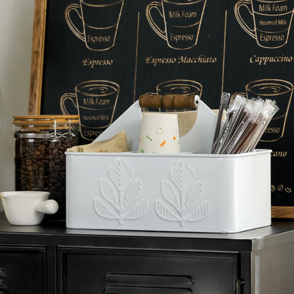 Silverware Caddy for Party Kitchen Flatware Holder for Countertop Metal White Plant Pattern Embossed Cutlery Organizer with 4 Compartments for Utensils, Spoons, Knives, Forks