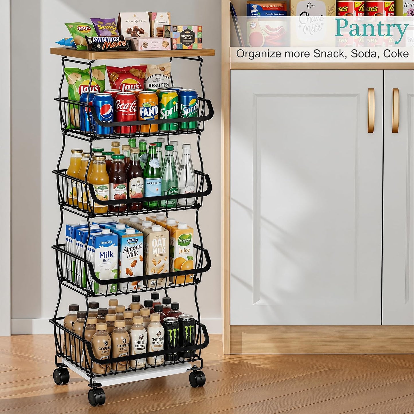VECELO 4-Tier Fruit Basket with Wheels, Fruit and Vegetable Storage Cart for Kithchen, Stackable Produce Organizer Wire Baskets for Kitchen, Pantry, Living Room