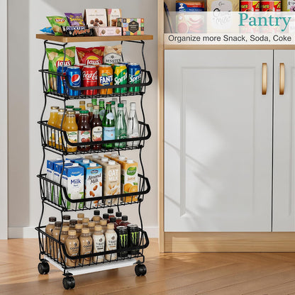 VECELO 4-Tier Fruit Basket with Wheels, Fruit and Vegetable Storage Cart for Kithchen, Stackable Produce Organizer Wire Baskets for Kitchen, Pantry, Living Room