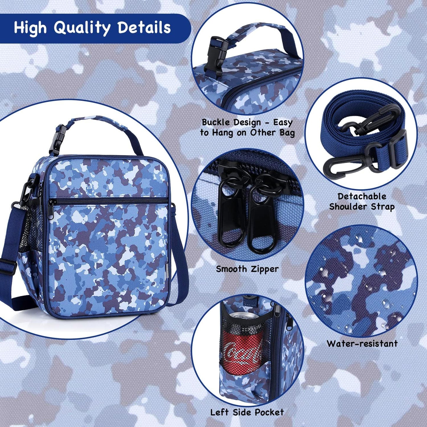 Kids Insulated Lunch Box Bag, Thermal Picnic Cool Bags with Adjustable Strap for Adults Children Women Men Boys Girls School Work (CAM-Blue)