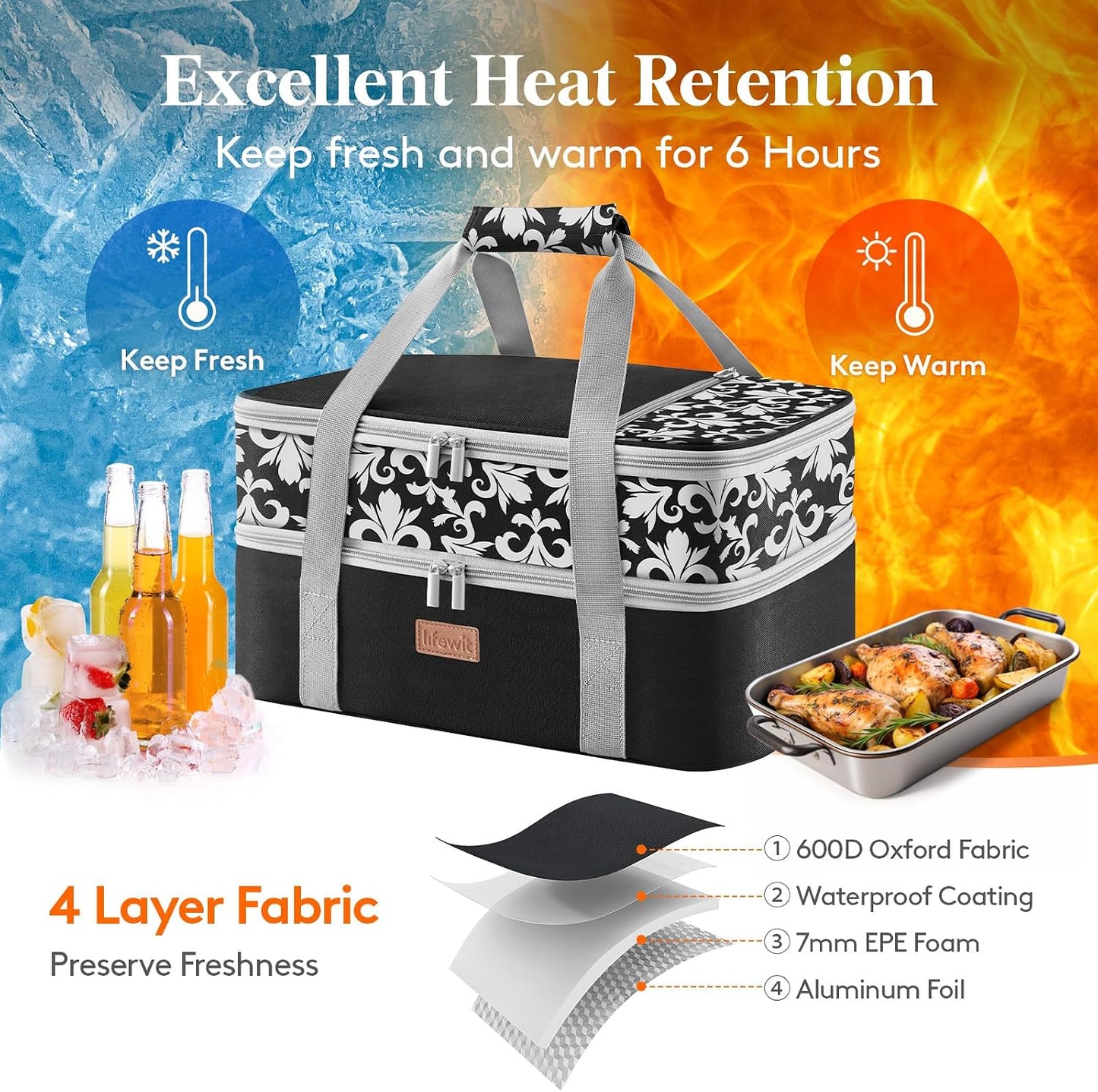 Lifewit Insulated Single Decker Casserole Carrier for Hot or Cold Food, Lasagna Lugger Holder Fits 9" x 13" Baking Dish, Thermal Lunch Tote Bag for Potluck Parties, Picnic and Cookouts, Black