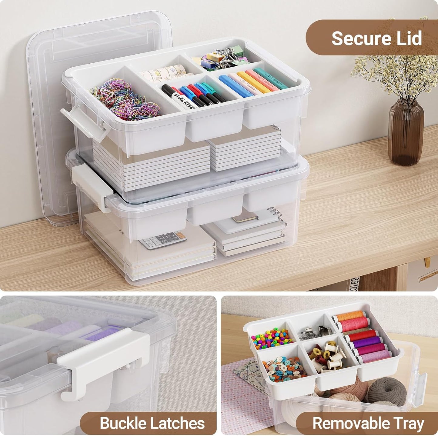 40Qt Stackable Storage Bins with Lids & Trays, Clear Plastic Latching Boxes Organizers with Dividers Portable 10Gal Containers for Arts & Crafts, Home and Car Trunk Organization, 2Pack