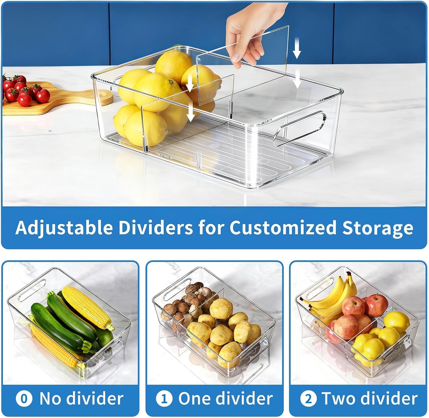 Mpotmiy 6 Pack Pantry Organizers and Storage,Clear Plastic Containers with 2 Dividers for Kitchen,Fridge Organization and Storage,Acrylic Bins for Pounches,Spice Packet,Snack organzier