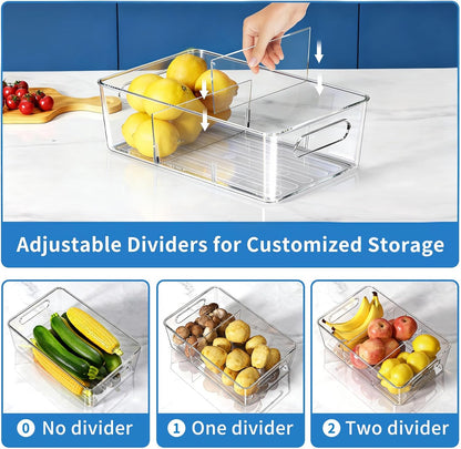 Mpotmiy 6 Pack Pantry Organizers and Storage,Clear Plastic Containers with 2 Dividers for Kitchen,Fridge Organization and Storage,Acrylic Bins for Pounches,Spice Packet,Snack organzier