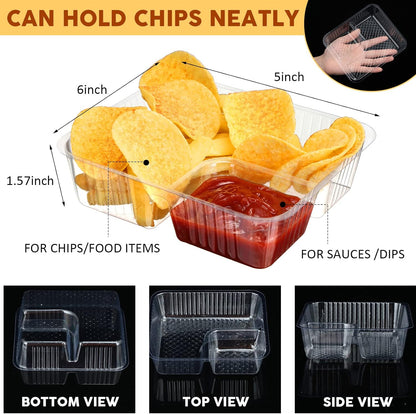 Vesici 100 Pcs 12oz Nacho Trays Disposable 2 Compartment Food Snack Tray Concession Stand Supplies Movie Night Clear Plastic Cheese Dip and Chip Holder for Candy School
