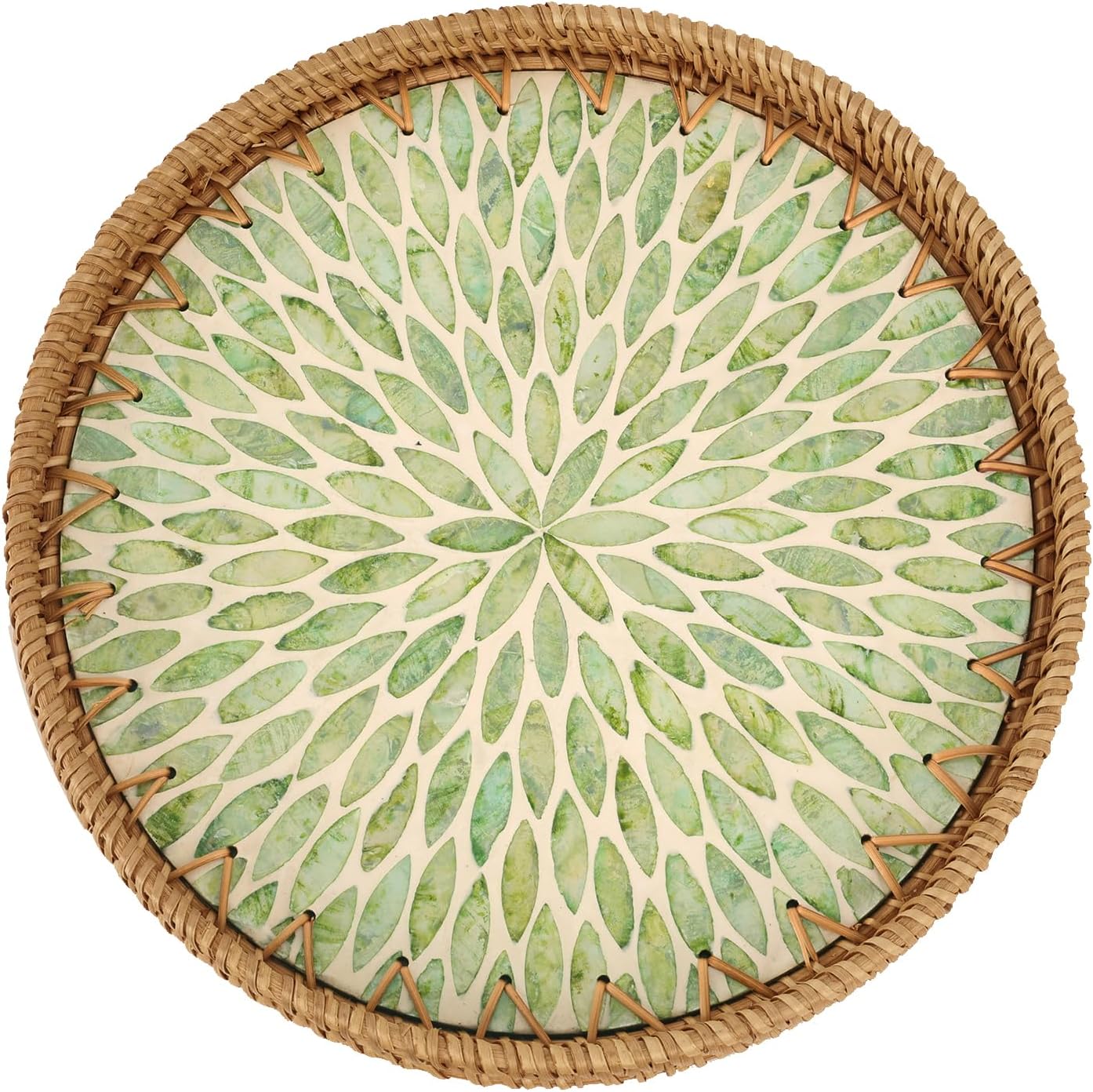 Round Rattan Tray with Mother of Pearl Inlay, Rattan Serving Tray for Coffee, Bread, Fruits, Decorative Wicker Tray for Table Decor, Home Decor, Kitchen Island Decor(Black Checkerboard, 11.8")