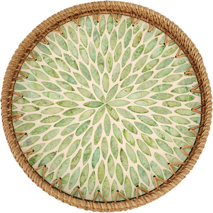 Round Rattan Tray with Mother of Pearl Inlay, Rattan Serving Tray for Coffee, Bread, Fruits, Decorative Wicker Tray for Table Decor, Home Decor, Kitchen Island Decor(Black Checkerboard, 11.8")