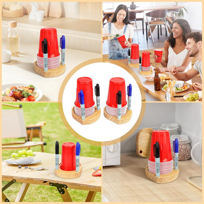 2 Pcs Party Cup Holder with Marker Slot, Wooden Cup Organizer with 2 Markers, Mark Your Cup and Drink Up, Plastic Paper Cup Dispenser, Fits 10 12 16 18 oz Disposable Drinking Cups