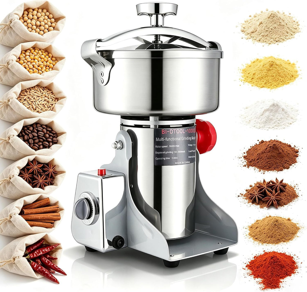 BI-DTOOL Electric Grain Mill Grinder 2000W Dry Material Grinding Machine 800g Stainless Steel Pulverizer 36000r/min High-speed Grain Mill 270° swingable Superfine powder for Home and Commercial 800g