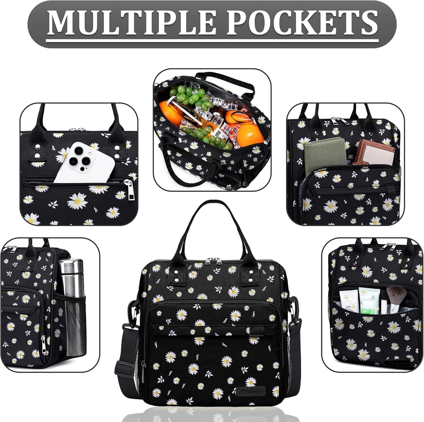 TuErCao Small Lunch Bag Lightweight Insulated Lunch Box for Women Work Portable Soft Cooler for Picnic Travel Road Trips, Loncheras para Mujer, Black