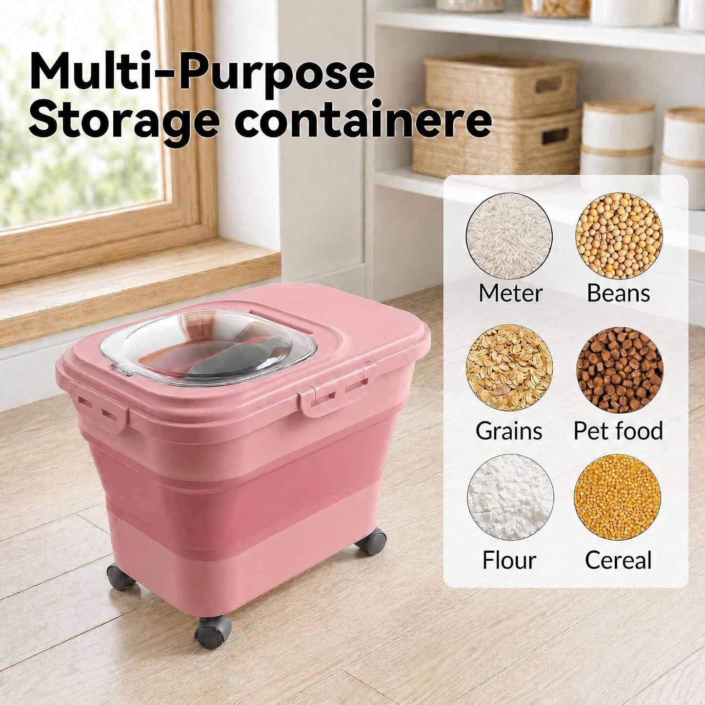 Rice Storage Container Collapsible 20-28 Lbs Food Storage Container with Rolling Wheels and Clear Airtight Lid. BPA Free Flour for Storing Rice, Flour, and Cat Dog Food Storage Container (Pink)