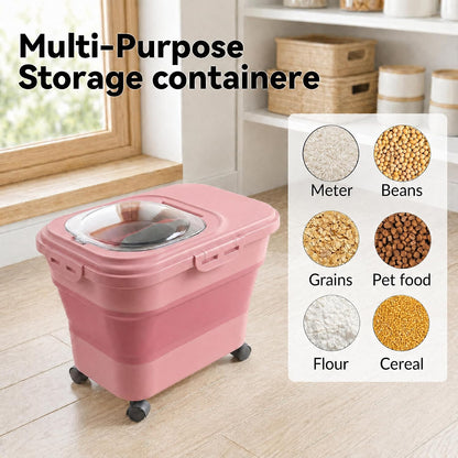 Rice Storage Container Collapsible 20-28 Lbs Food Storage Container with Rolling Wheels and Clear Airtight Lid. BPA Free Flour for Storing Rice, Flour, and Cat Dog Food Storage Container (Pink)