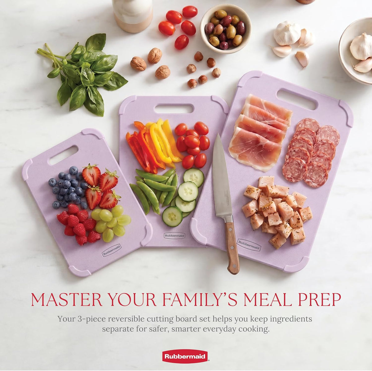 Rubbermaid 3pc Reversible Wheat Fiber Cutting Board Set | BPA Free Non Toxic Cutting Boards for Kitchen – Dishwasher Safe, Non-Slip Corners & Lightweight | For Meat, Veggies & Fruits