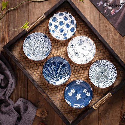 Japanese Style Ceramic Dipping Bowls,3'' Small Pinch Bowls Set Side Sauce Cups,Dishes for Sushi,Snack and Soy,BBQ,2.5 Oz Blue and White Mini Bowl for Kitchen Prep - Set of 6 (3 inch)