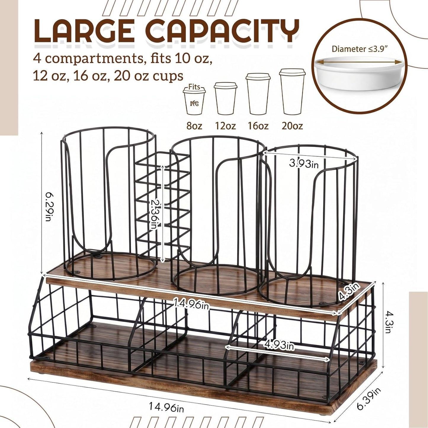 Geelin 18oz Adjustable Coffee Cup Dispenser with Wooden Base, Cup and Lid Holder, Cups Holder Organizer for Coffee Pod Straw and Lid Storage(2-compartment Single,Color 2)