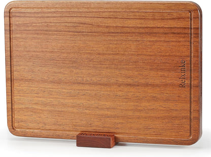 Solid Teak Wood Cutting Board Set One Piece Non Glued Large Thick Crack Resistant Wooden Chopping Board with DeepJuice Grooves Built in Handles for Kitchen Meat Bread 15x10.2IN &11.8 * 7.9IN