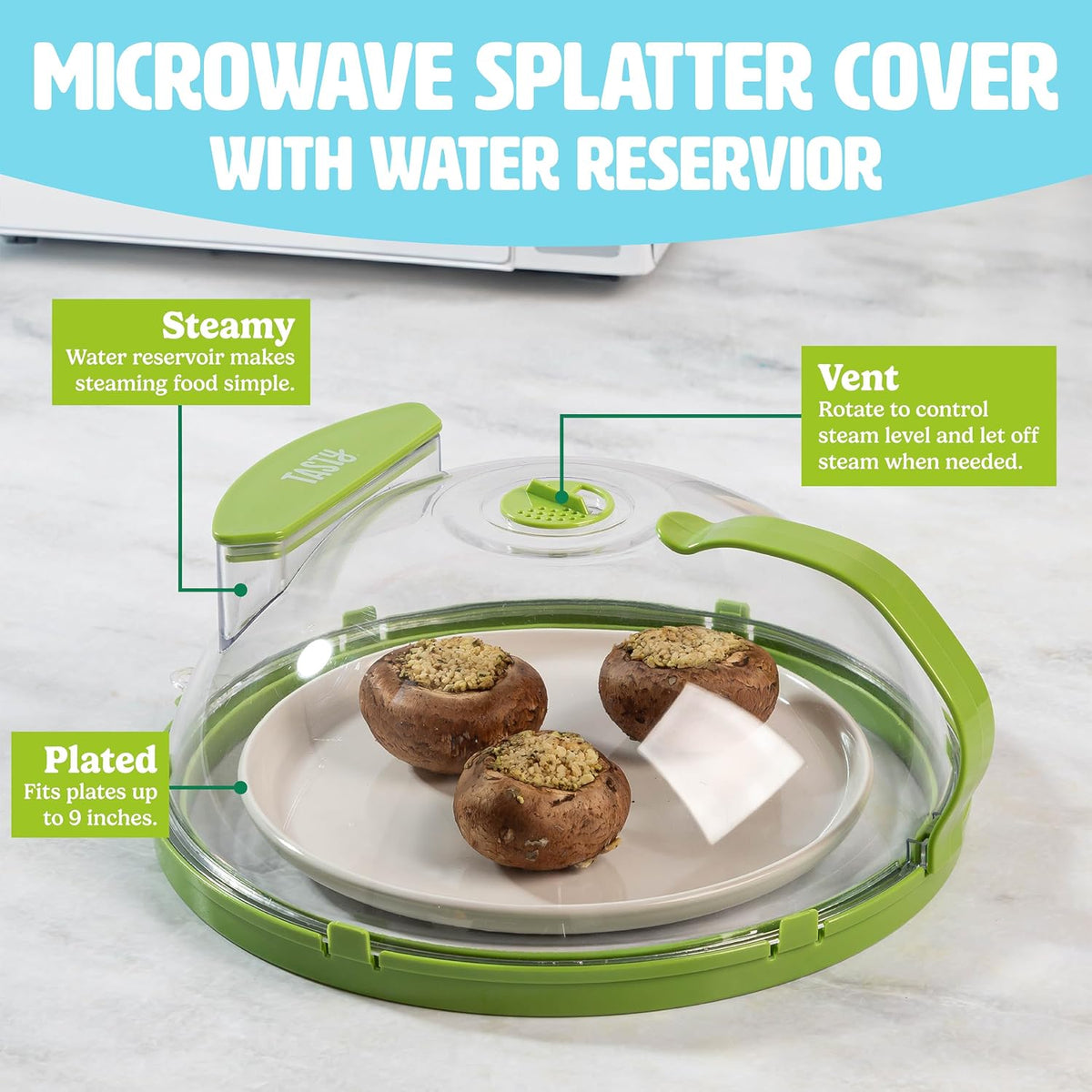 Tasty Microwave Splatter Cover with Built in Water Steamer & Reservoir, Fits Plates up to 9", Helps Retain Moisture and Taste, Keeps Microwave Clean, Dishwasher Safe