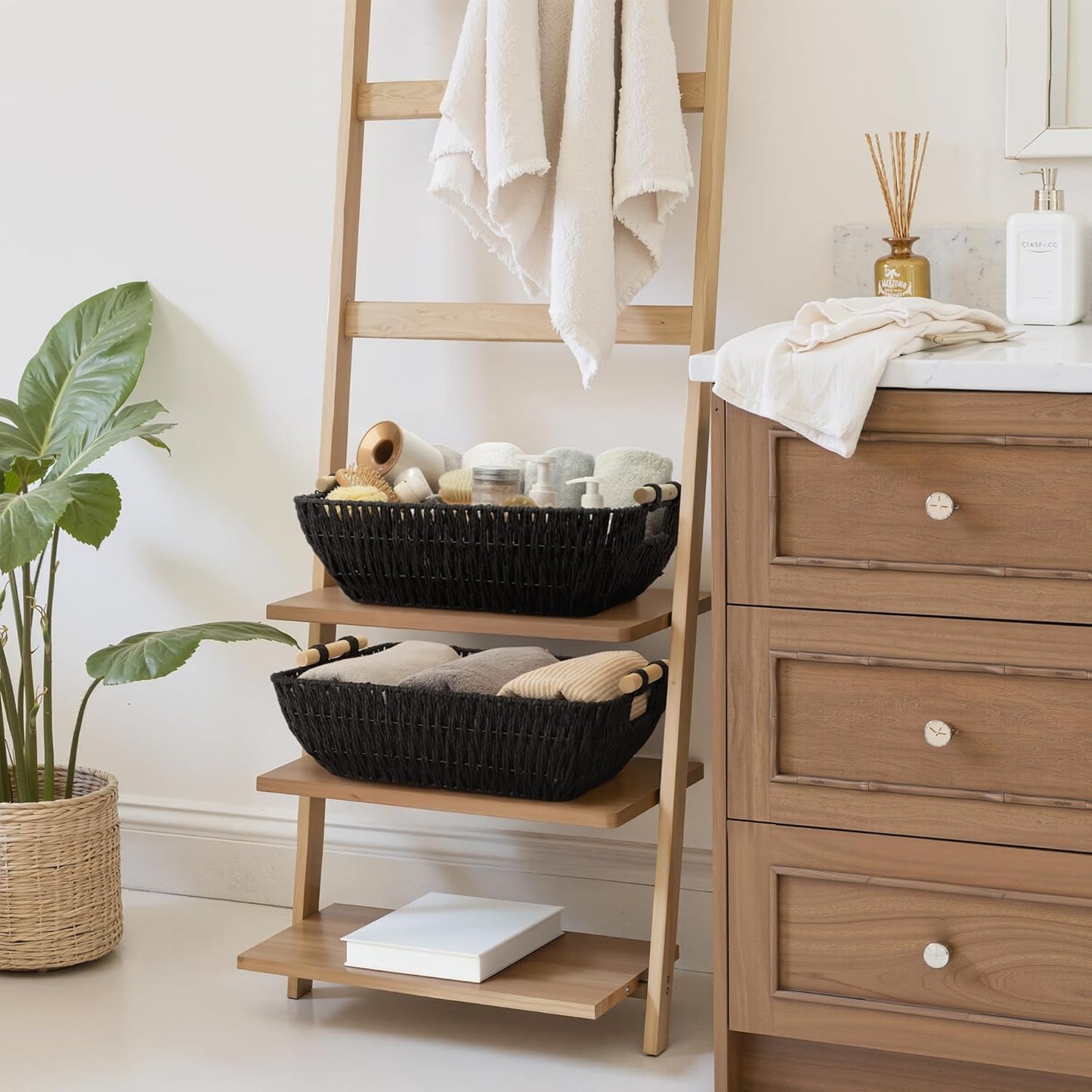 StorageWorks Hand-Woven Storage Baskets with Wooden Handles, Water Hyacinth Wicker Baskets for Organizing, 2 Pack