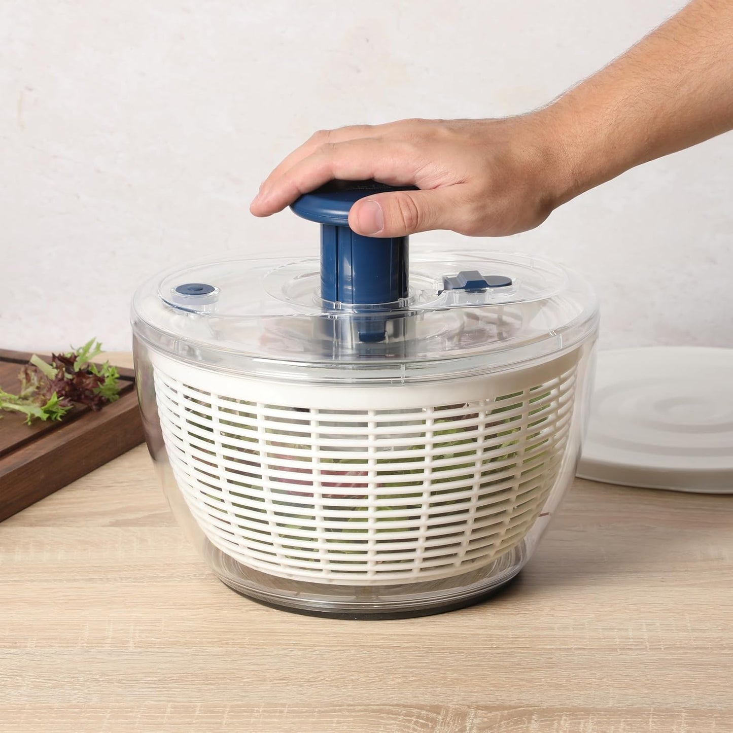 Sur La Table Kitchen Essential 6.3 Qt Salad Spinner, Fruit Wahser, Fruit Washing Bowl with Strainer, Vegertable Cleaner, Salad Cleaner, Lettuce Washer - Juniper Green