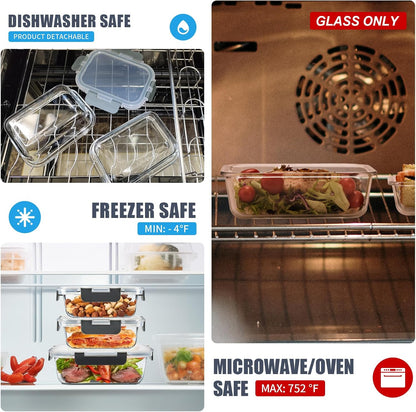6Pack 22oz Glass Meal Prep Containers, Glass Food Storage Containers Sets with Snap Leak Proof Lids for Microwave, Oven, Freezer and Dishwasher Safe (Grey, 22oz)