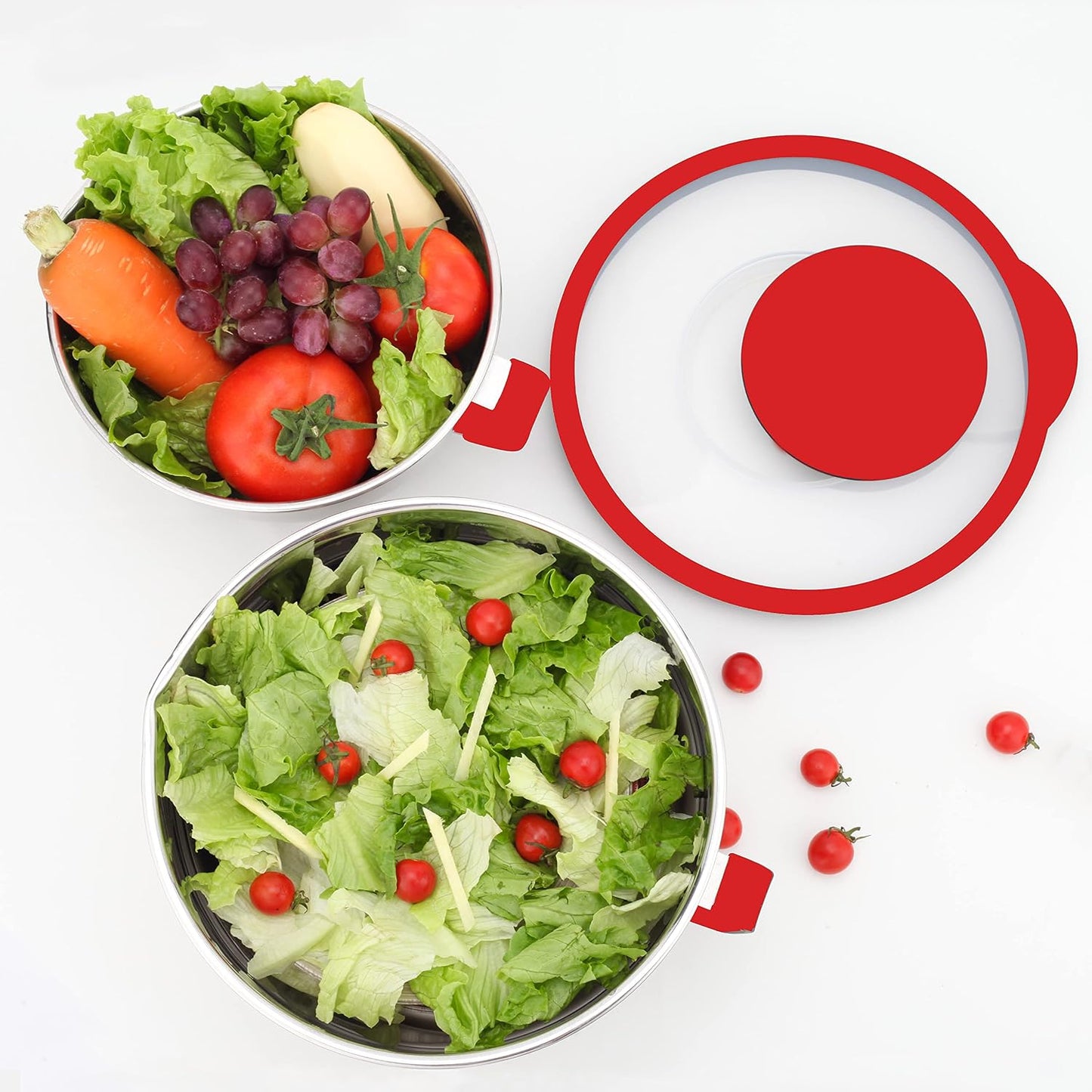HAPPY KIT 304 Mixing Bowls with Lids Set of 2,Stainless Steel Mixing Bowl with Pour Spout, Non-slip Handle and Bottoms, 3 Grater Attachments, Measurement Marks & Lid, Size 5QT, 3QT(Red)