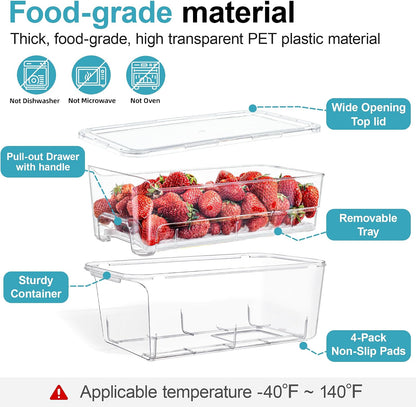 4-Pack Stackable Fruit Storage Containers for Fridge | Pull-Out Drawer Organizer Bins, With Lids & Drain Tray, Keep Fresh, Removable Refrigerator Container for Berry, Veggie, Drink