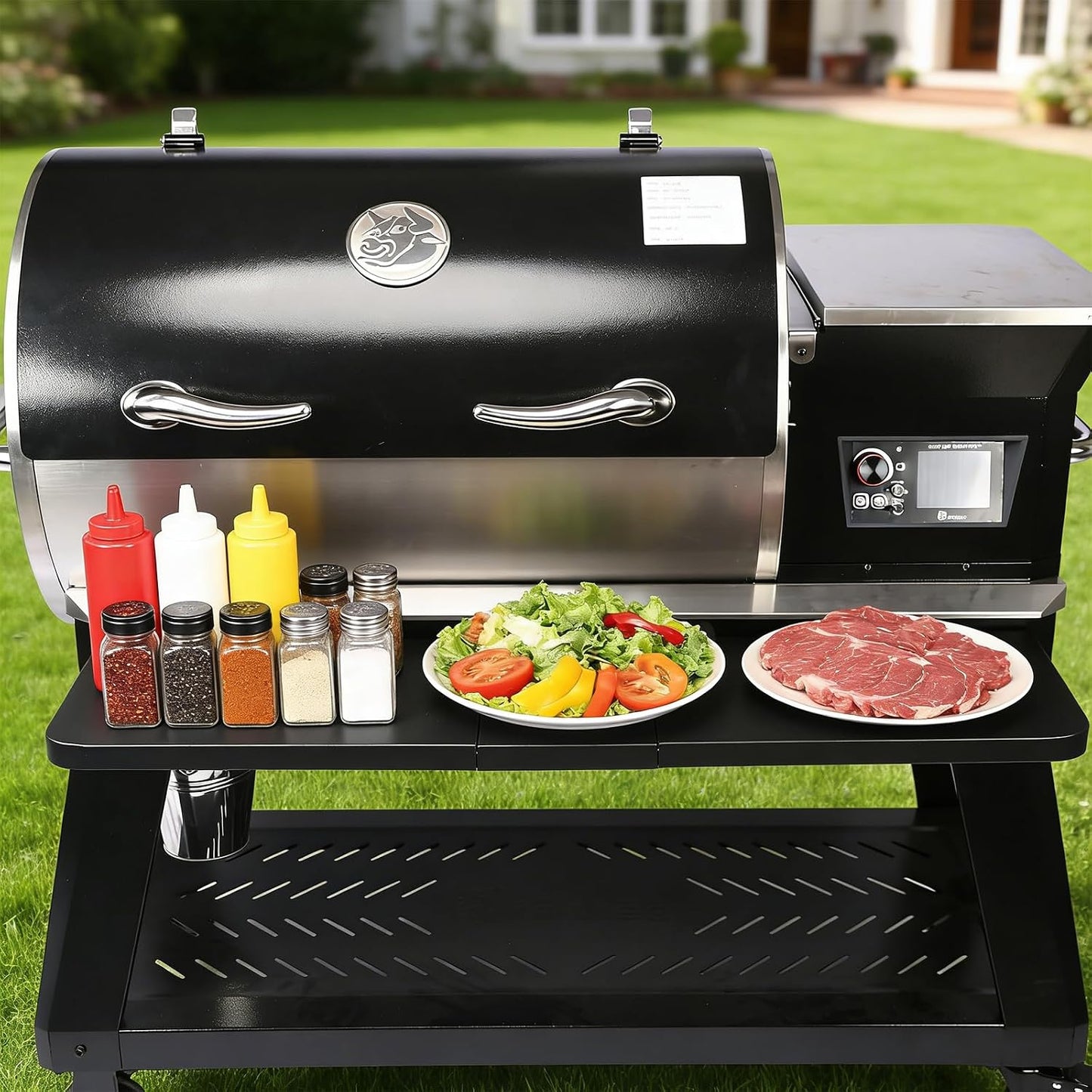 Upgraded Grill Table for Weber Kettle 22"/18"/26", Master Touch 22", Smokey Mountain, Recteq Pellet Grill RT-B380, Prep Station with Cutting Board, Basin, 4 Hooks, Shelf for Weber Kettle Accessories